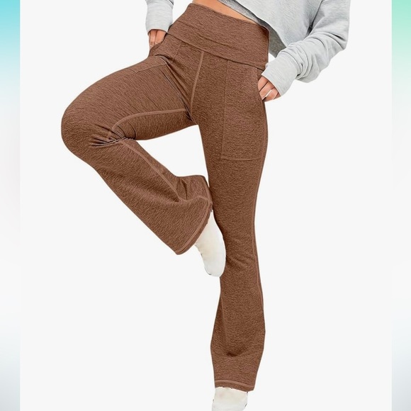 Fold over flare yoga pants with pockets brown coffee size medium - Picture 1 of 7